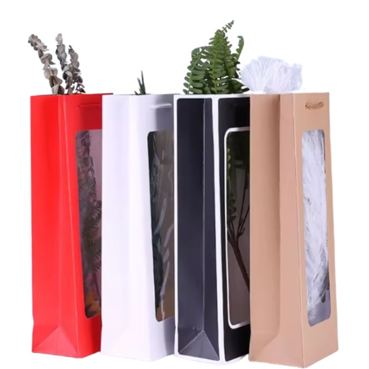 Hot Sell Wine Gift Bags with Window Design Custom logo Bottle Wine Paper Bags with Handle